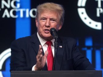 Former President of the United States Donald Trump speaking with attendees at the "Rally to Protect Our Elections" hosted by Turning Point Action at Arizona Federal Theatre in Phoenix, Arizona.