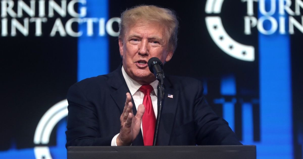 Former President of the United States Donald Trump speaking with attendees at the "Rally to Protect Our Elections" hosted by Turning Point Action at Arizona Federal Theatre in Phoenix, Arizona.