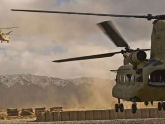 U.S. Army CH-47 Chinook helicopters depart Forward Operating Base Wolverine, Afghanistan, Dec. 15, 2009. (DoD photo by Tech. Sgt. Efren Lopez, U.S. Air Force/Released)