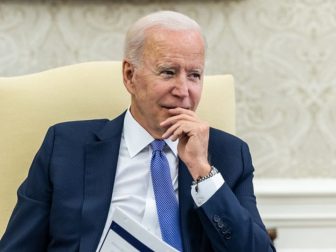 President Joe Biden receives a COVID-19 briefing on Thursday, July 22, 2021, in the Oval Office of the White House.