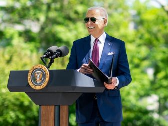 President Joe Biden speaks on the North Grounds of the White House.