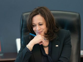 Vice President Kamala Harris listens during a phone call with World Trade Organization General Dr. Okonjo-Iweala Thursday, March 11, 2021, in her West Wing Office of the White House.