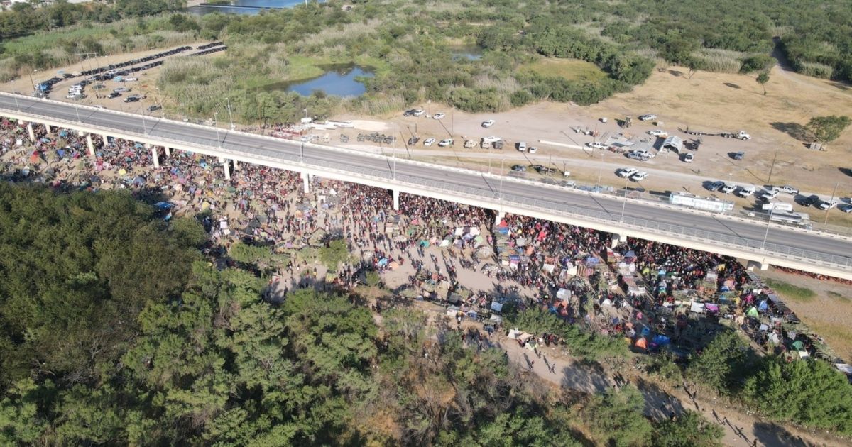A Fox News drone captures a look at the makeshift migrant camp under the international bridge in Del Rio, Texas, on Sept. 19, 2021.
