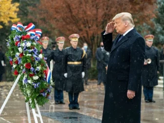 President Donald J. Trump salutes Wednesday, Nov. 11, 2020, during ceremonies at the National Veterans Day Observance at Arlington National Cemetery in Arlington, Va.