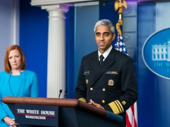 U.S. Surgeon General Vivek Murthy, joined by Press Secretary Jen Psaki, delivers remarks and answers questions from member of the press Thursday, July 15, 2021, in the James S. Brady White House Press Briefing Room. (Official White House Photo by Cameron Smith)