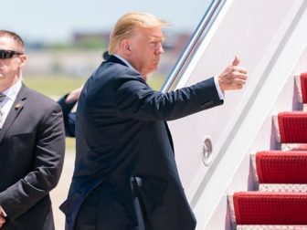 President Donald J. Trump gives a thumbs-up Friday, May 24, 2019, as he prepares to board Air Force One for his trip to Japan.