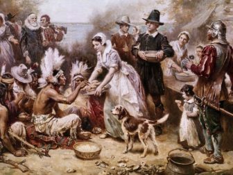 This representation of the First Thanksgiving in 1621 shows the relationship between the Pilgrims and the Wampanoag Indians.