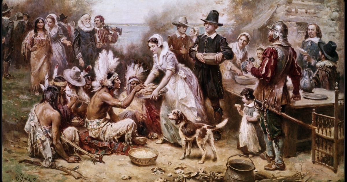 This representation of the First Thanksgiving in 1621 shows the relationship between the Pilgrims and the Wampanoag Indians.