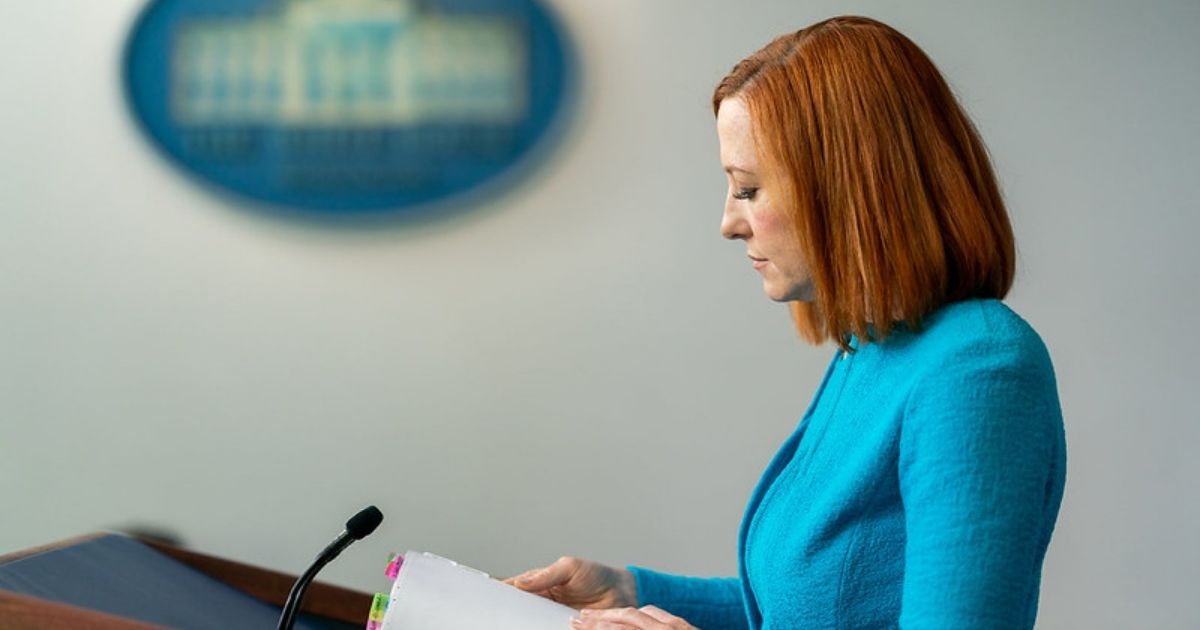 White House Press Secretary Jen Psaki pauses for a moment as she addresses reporters on Thursday, April 15, 2021, in the James S. Brady Press Briefing Room of the White House. (The White House / Flickr)