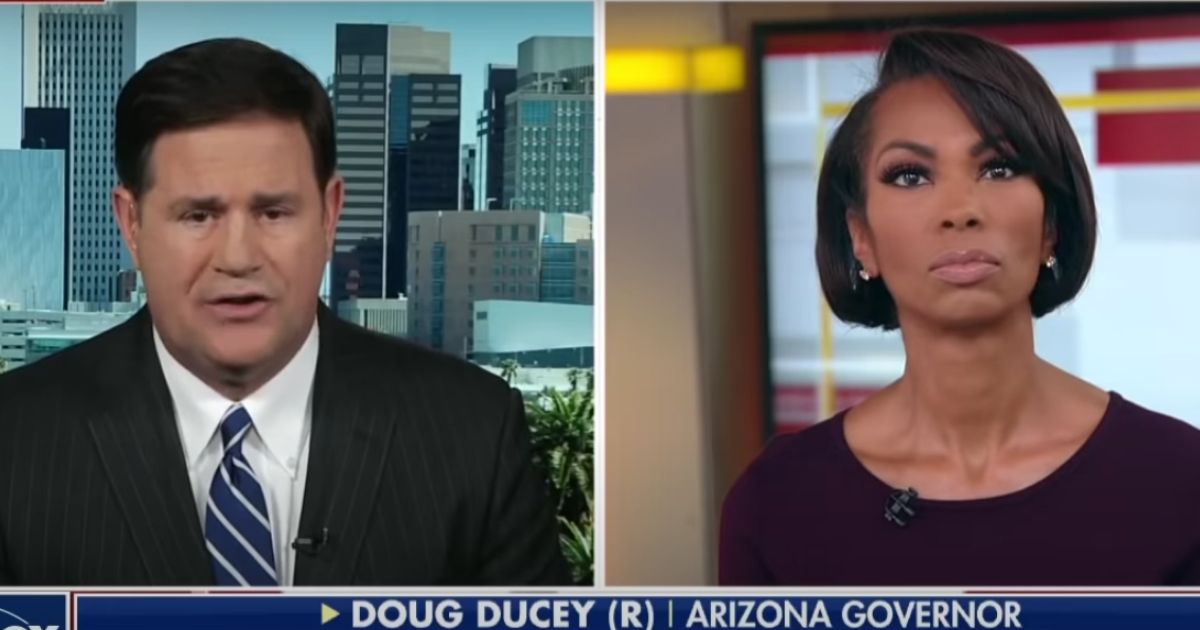 Arizona Republican Gov. Doug Ducey, left, speaks with Fox News host Harris Faulkner on Thursday.