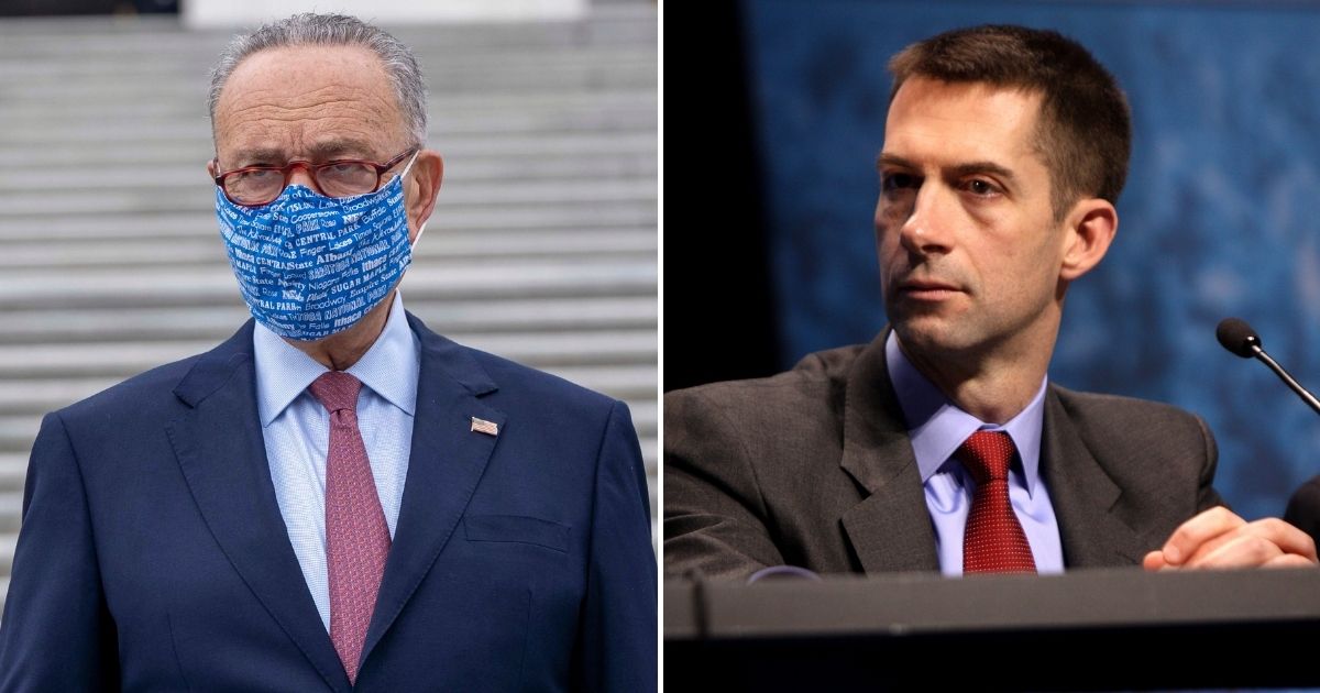 Democratic Senate Majority Leader Chuck Schumer, left, is actively trying to do away with the filibuster in the Senate, but Republican Sen. Tom Cotton, right, used Schumer's own words against him when arguing for the filibuster.