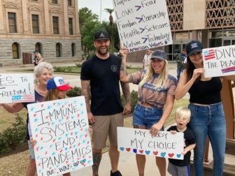 In Sept. 2021, several people gathered outside the Arizona State Capitol in Phoenix to protest the COVID-19 vaccine.