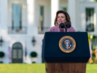 Speaker of the House Nancy Pelosi (D-CA) gives remarks before President Joe Biden signs the Infrastructure Investment and Jobs Act, Monday, November 15, 2021, on the South Lawn of the White House.