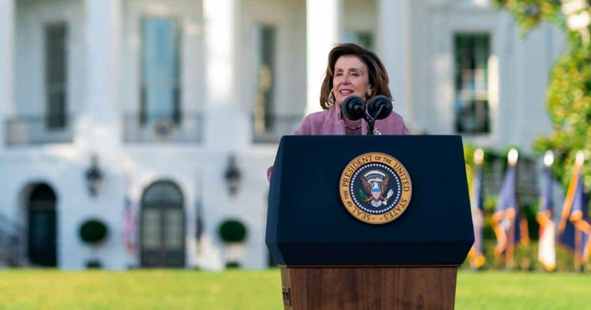 Speaker of the House Nancy Pelosi (D-CA) gives remarks before President Joe Biden signs the Infrastructure Investment and Jobs Act, Monday, November 15, 2021, on the South Lawn of the White House.