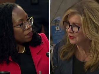 On Tuesday, GOP Sen. Marsha Blackburn of Tennessee, right, questioned Supreme Court justice nominee Ketanji Brown Jackson, left, during the second day of the Senate Judiciary Committee hearing for Jackson's nomination.