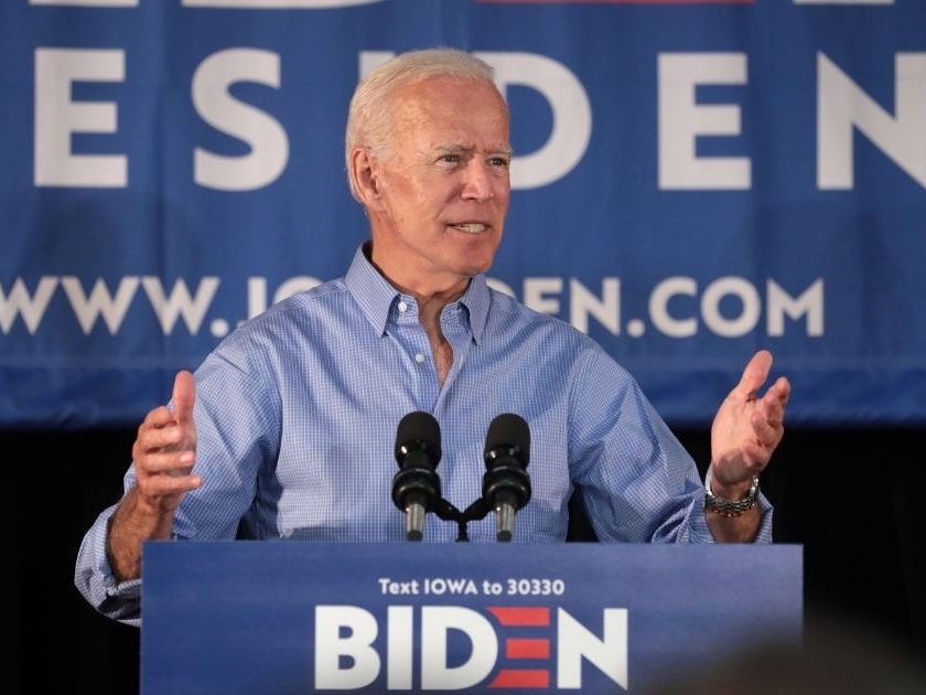 President Joe Biden speaking with supporters at a community event at the Best Western Regency Inn in Marshalltown, Iowa, July 4, 2019.