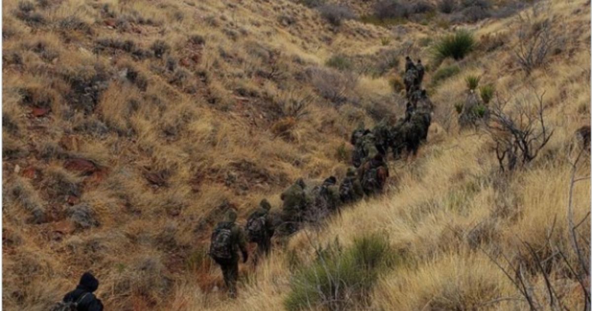 On Feb. 3, a photo shows a group of 20 illegal immigrants attempting to hide in the brush near Van Horn, Texas, using camouflage.