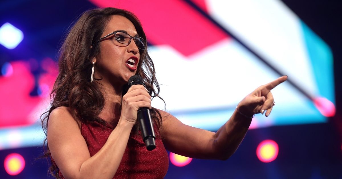 U.S. Congresswoman Lauren Boebert speaking with attendees at the 2021 AmericaFest at the Phoenix Convention Center in Phoenix, Arizona. (Gage Skidmore / Flickr, resized)