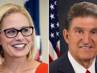 Democratic Sens. Kyrsten Sinema of Arizona, left, and Joe Manchin of West Virginia, right, have said they plan to uphold the filibuster in the Senate after a leaked majority ruling from the Supreme Court indicated Roe v. Wade could be overturned.