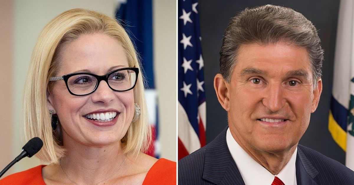 Democratic Sens. Kyrsten Sinema of Arizona, left, and Joe Manchin of West Virginia, right, have said they plan to uphold the filibuster in the Senate after a leaked majority ruling from the Supreme Court indicated Roe v. Wade could be overturned.