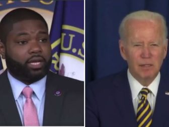 On Tuesday, GOD Rep. Byron Donalds, left, of Florida spoke out against President Joe Biden, right, and his belief that "trickle-down" economics does not work.