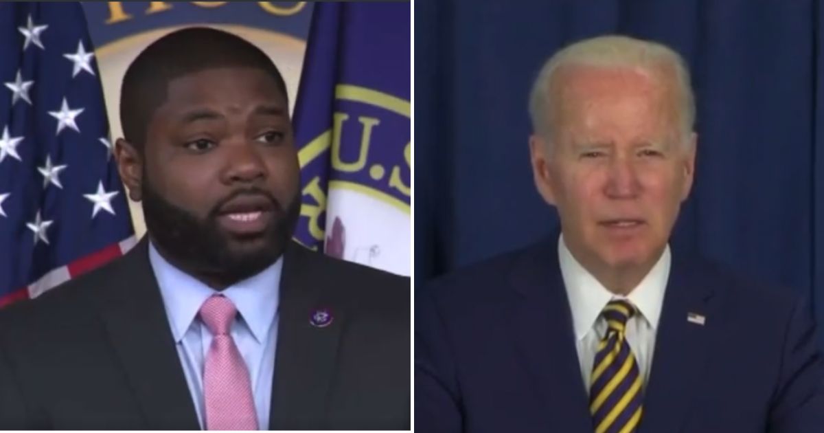 On Tuesday, GOD Rep. Byron Donalds, left, of Florida spoke out against President Joe Biden, right, and his belief that "trickle-down" economics does not work.