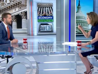 CBS News "Face the Nation" host Margaret Brennan, right, pressed Biden White House top economic advisor Brian Deese, left, over inflation in the U.S., showing him a chart depicting rising inflation since President Joe Biden took office in January 2021.