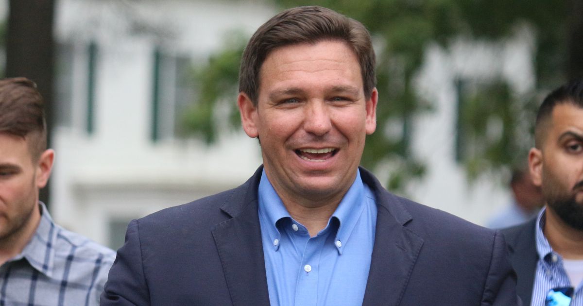 Florida Gov. Ron DeSantis speaks to guests at the Nebraska Steak Fry in Nebraska City 2021.