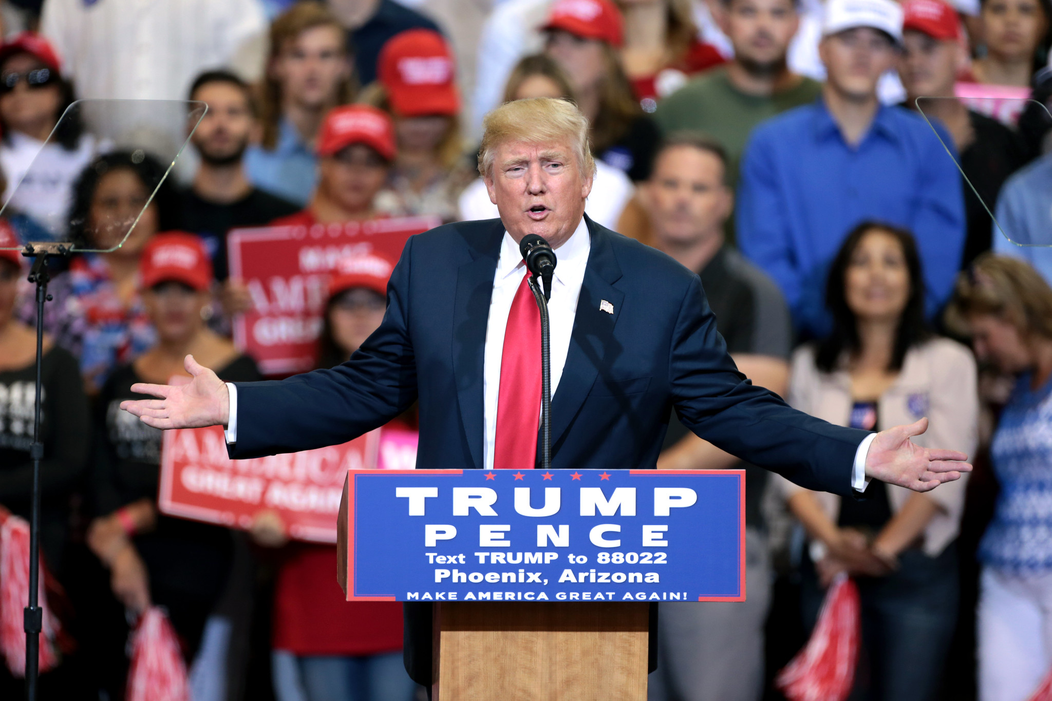 Donald Trump speaking with supporters at a campaign rally at the Phoenix Convention Center in Phoenix, Arizona.