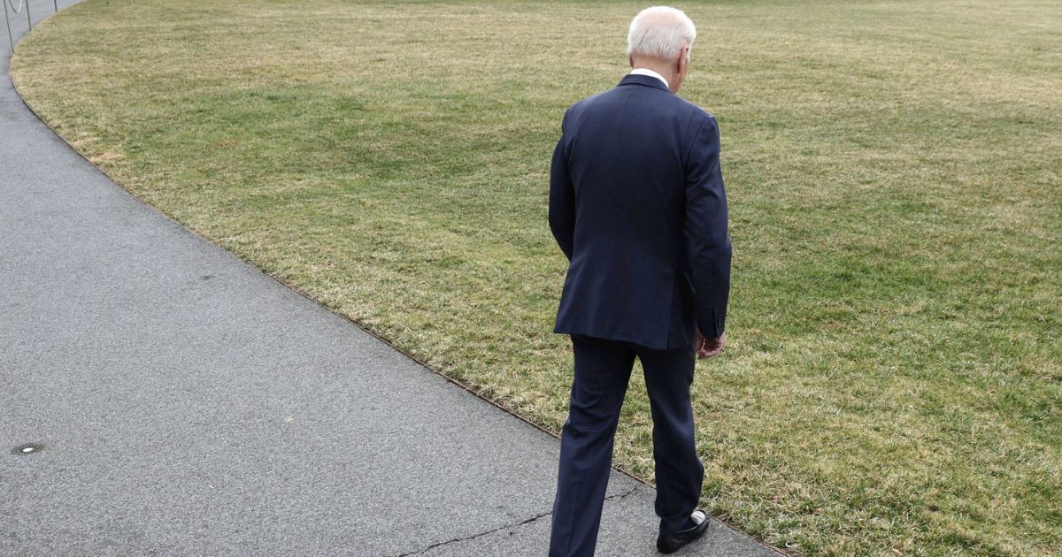 President Joe Biden walks towards Marine One before a departure from the White House for Cleveland, Ohio, on Feb. 17, 2022.