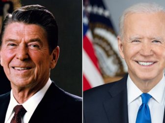 The above image is of former President Ronald Reagan, left, and President Joe Biden, right.