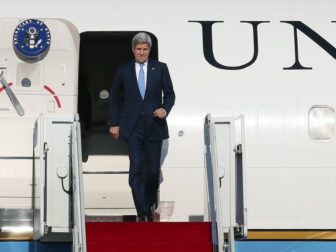 U.S. Secretary of State John Kerry deplanes upon landing at Seoul Air Base on May 17, 2015.