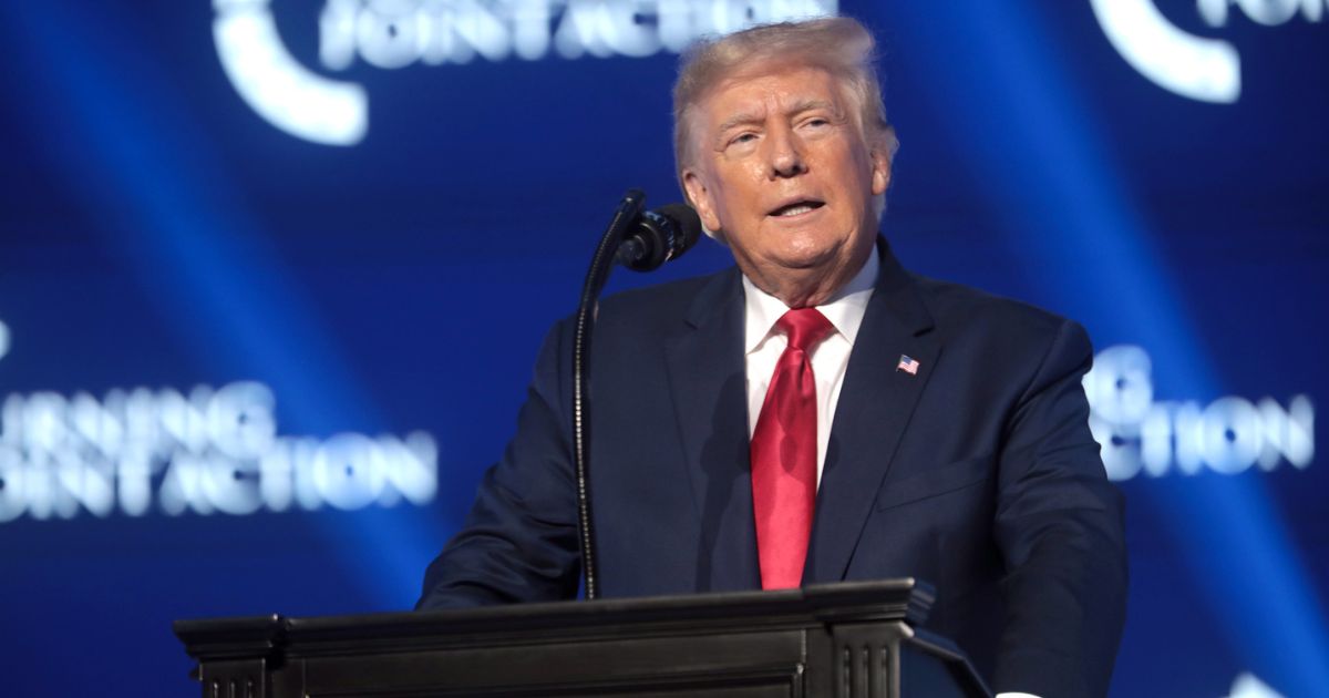 Former President of the United States Donald Trump speaking with attendees at the 2022 Student Action Summit at the Tampa Convention Center in Tampa, Florida.