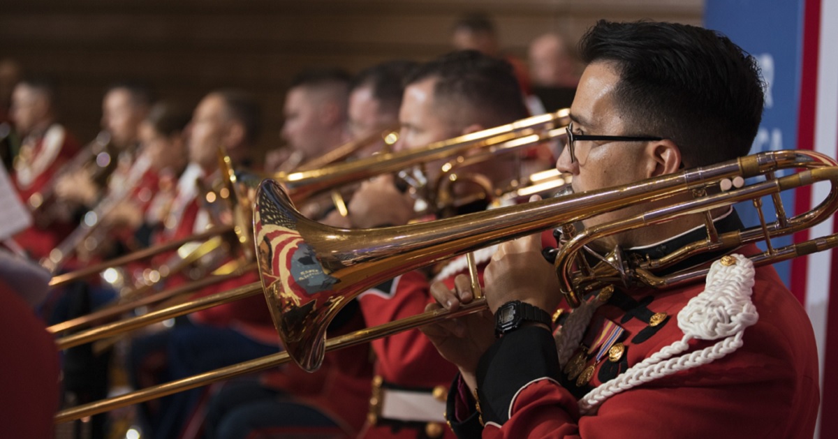 A United States Marine Corps band performs.