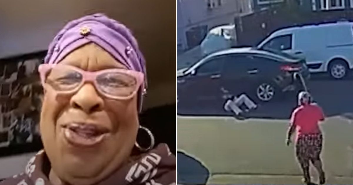 A woman identified only as "Miss Faye," left, talks about how she confronted a would-be thief, right, in Oakland, California.