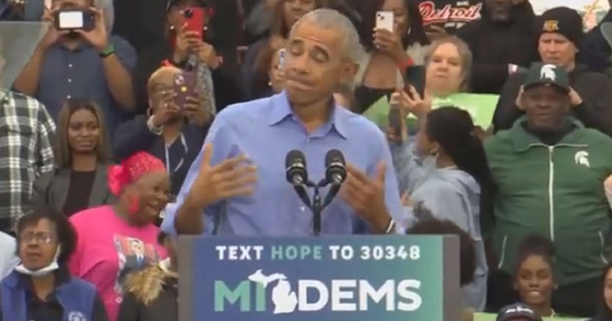 Former President Barack Obama after being disrupted by a heckler on Saturday.