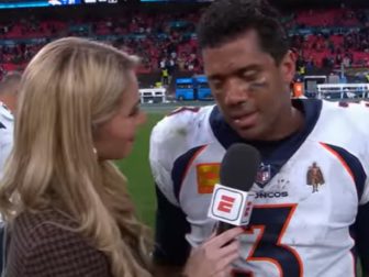 Denver Broncos quarterback Russell Wilson is interviewed after the team's win over the Jacksonville Jaguars in London on Sunday.