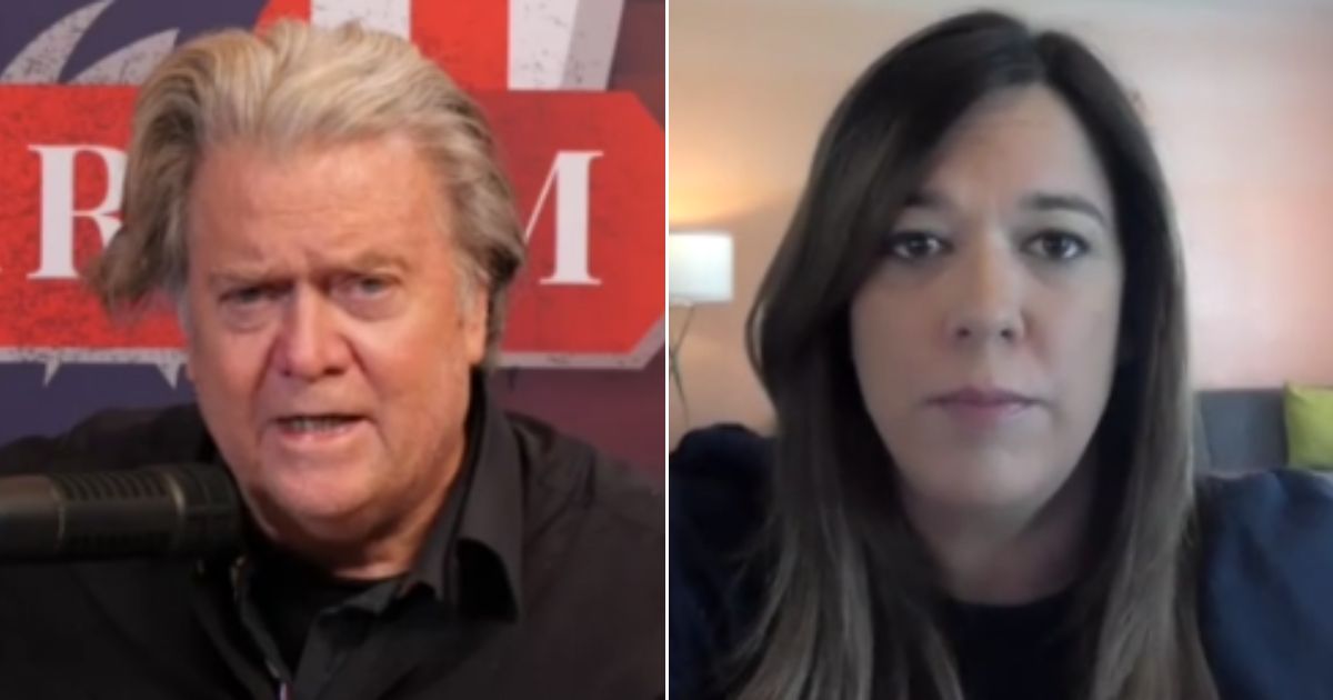 Caroline Wren, a senior adviser to Arizona Republican gubernatorial candidate Kari Lake, is interviewed by podcast host Steve Bannon, left.