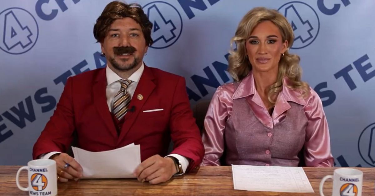 Country music star Jason Aldean and his wife, Brittany, dressed up as Ron Burgundy and Veronica Corningstone for a video skit mocking wokeness.