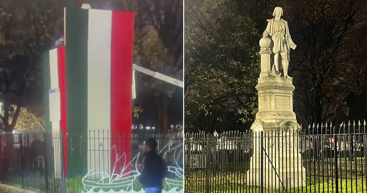 A statue of Christopher Columbus, which had been encased in plywood since 2020, was again visible Sunday night after a court ordered the plywood box removed.