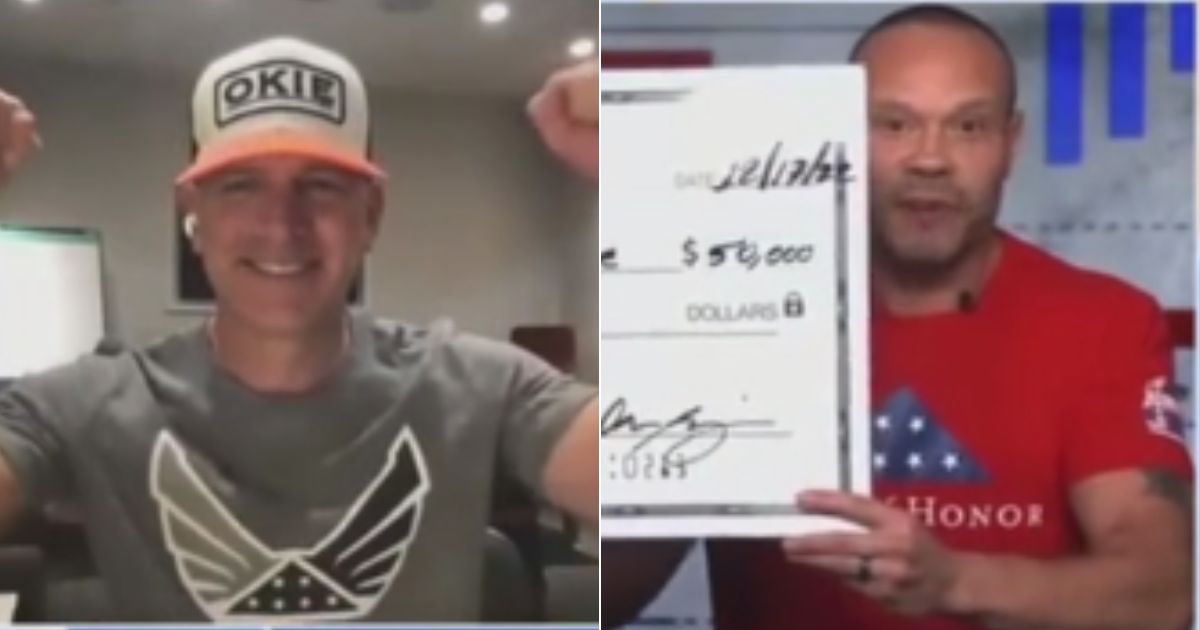 During a Fox News segment, Dan Bongino, right, donated $100,000 to the charity Fold of Honor, which honors military veterans and first responders, presenting first a check for $50,000 to CEO Lt. Col. Dan Rooney, left, before doubling the donation.