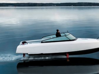 The sleek, electric watercraft appears to be flying above the water. The company plans to produce a passenger ferry version of the hydrofoil in 2023.