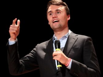 Charlie Kirk speaking with attendees at the Culture War tour at the Ohio Union at Ohio State University in Columbus, Ohio.