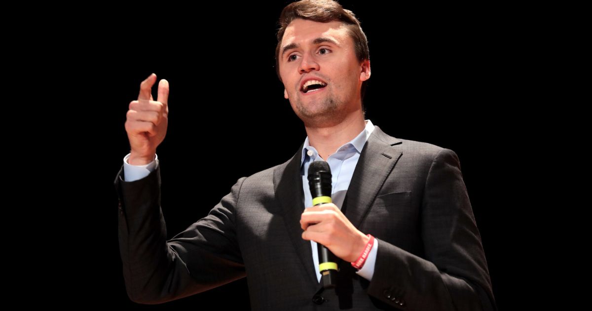 Charlie Kirk speaking with attendees at the Culture War tour at the Ohio Union at Ohio State University in Columbus, Ohio.