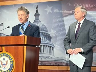 Sens. Rand Paul, left, and Lindsey Graham, right, call for a Senate vote that would end the military's COVID-19 vaccine mandate.