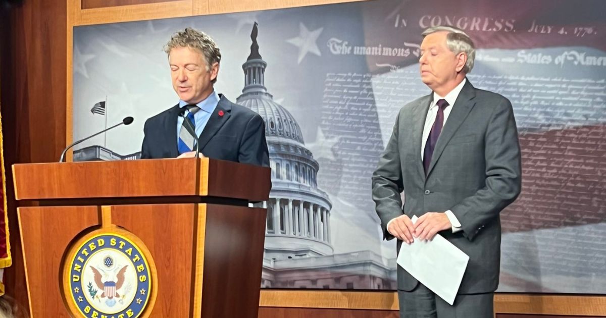 Sens. Rand Paul, left, and Lindsey Graham, right, call for a Senate vote that would end the military's COVID-19 vaccine mandate.