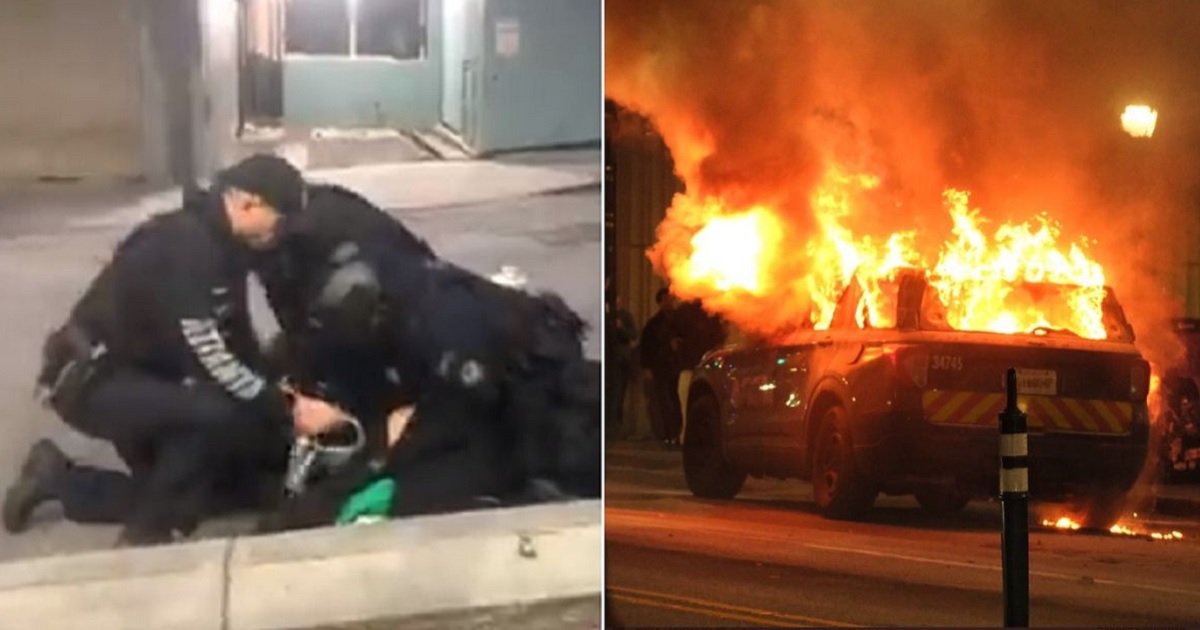 Atlanta police officers make an arrest during a confrontation Saturday, left; right, a law enforcement vehicle burns after being set alight by rioters.