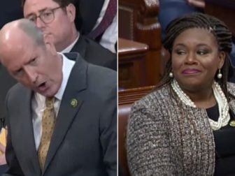 North Carolina Republican Rep. Dan Bishop, left, called out Missouri Democratic Rep. Cori Bush, right, over her comment about Florida Republican Rep. Byron Donalds.