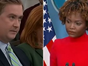 Fox News correspondent Peter Doocy, left, asks White House press secretary Karine Jean-Pierre, right, a question.