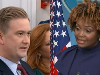 Fox News' Peter Doocy questions White House press secretary Karine Jean-Pierre during a news briefing Monday.